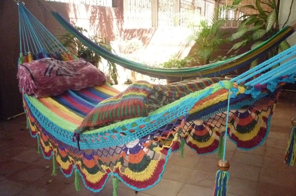 Hammocks, Beautiful Turquoise Double Hammock hand-woven Natural Cotton Special Fringe