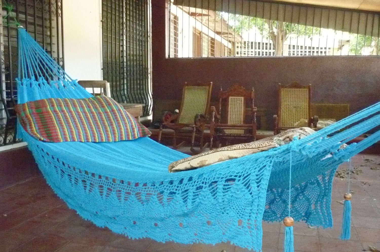 Turquoise Double Hammock hand-woven Natural Cotton with Bell Fringe Crochet