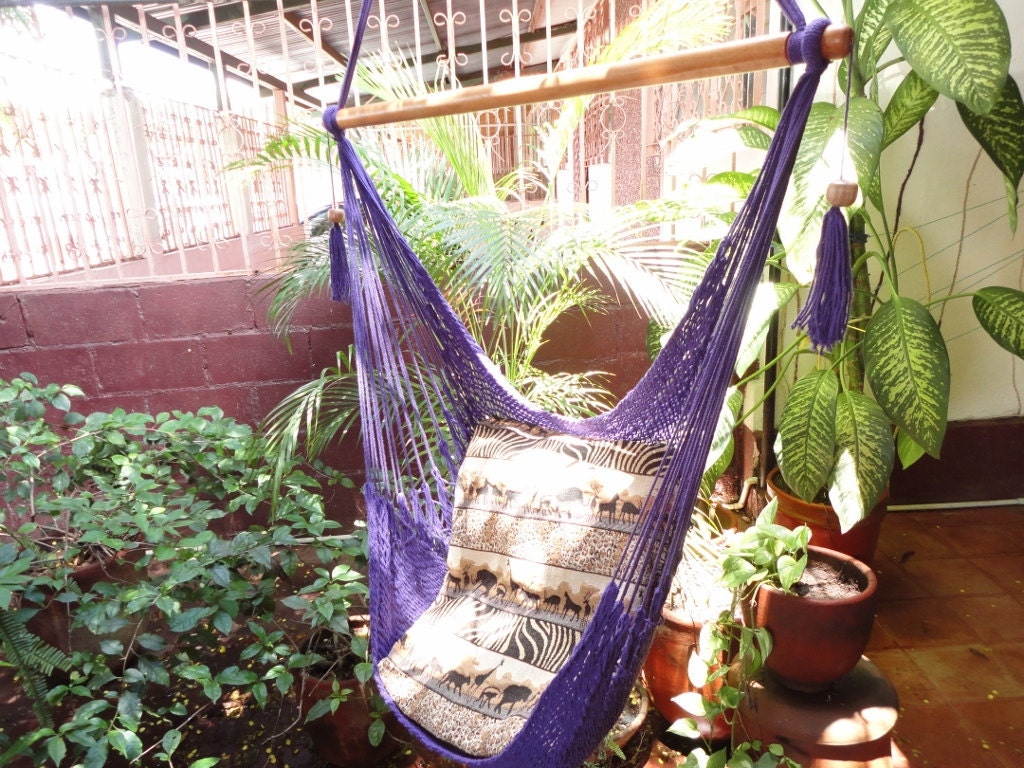 Purple Sitting Hammock, Hanging Chair Natural Cotton and Wood