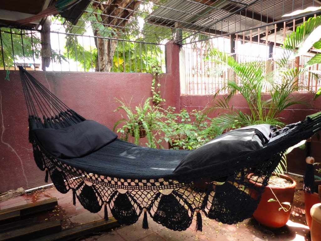Black Hammock, Hand Woven Natural Cotton with Special Fringe