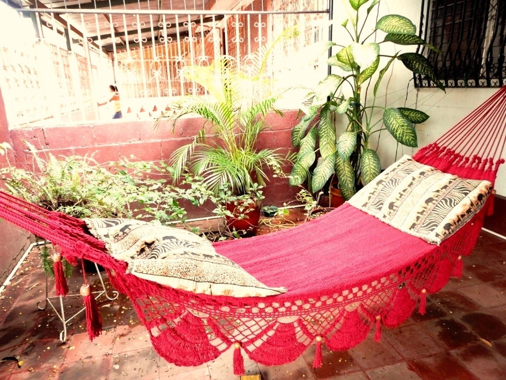 Red Hammock, Hand Woven Natural Cotton with Special Fringe