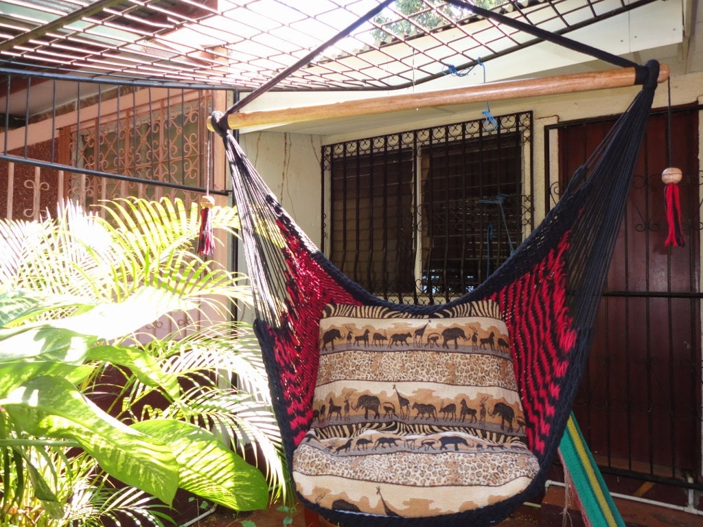 Red and Black Sitting Hammock, Hanging Chair Natural Cotton and Wood
