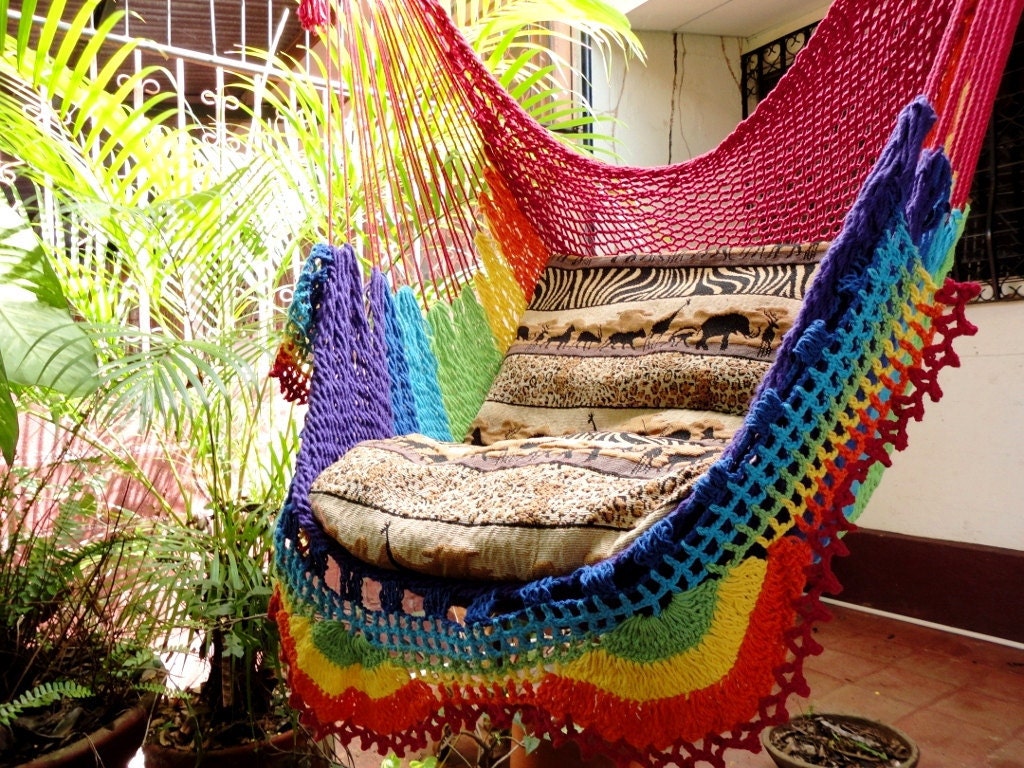 Rainbow Colors Sitting Hammock, Hanging Chair Natural Cotton and Wood plus Simple Fringe