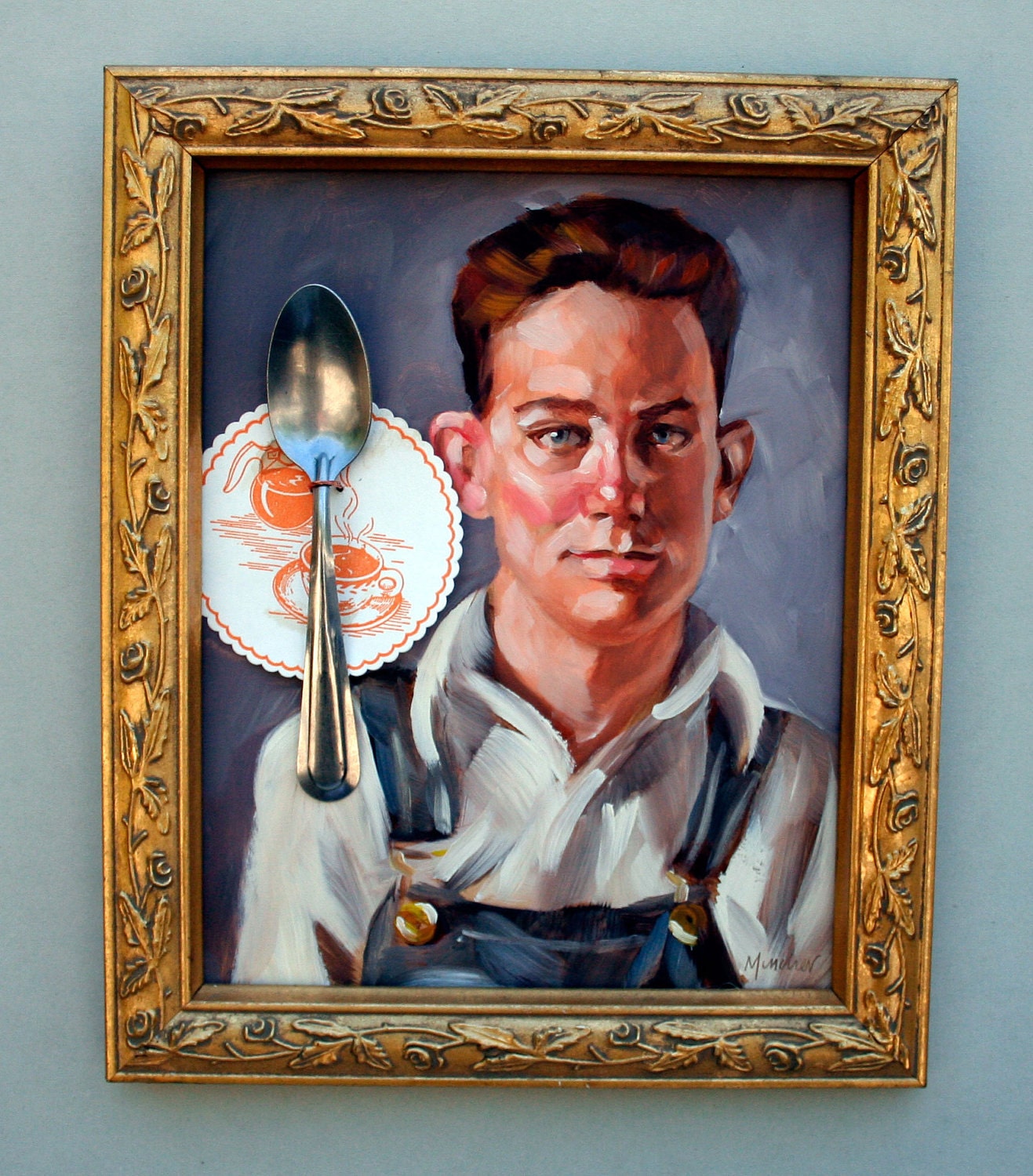 J.R. Varsity, 10"x8" oilpaint, spoon, coffee coaster, on masonite panel in in vintage frame by Kenney Mencher