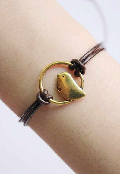 deep brown leather gold bird charm bracelet s51
