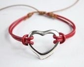 womens red leather silver heart charm love bracelet z431