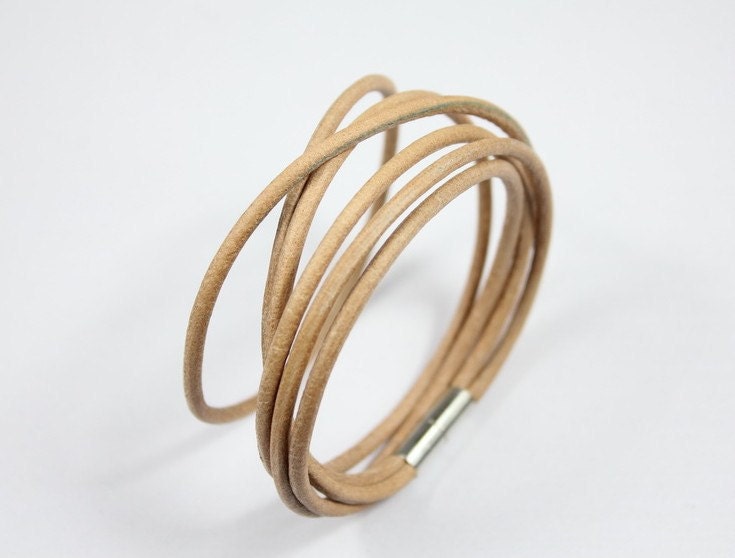 Tan leather bracelet wraps with silver magnetic for men or women t79-11
