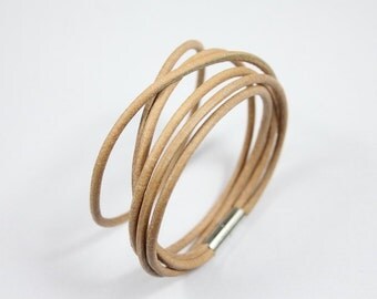 Tan leather bracelet wraps with silver magnetic for men or women t79-11
