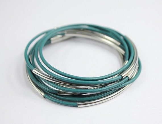 Teal leather bracelet threaded silver tube and magnetic clasp z439