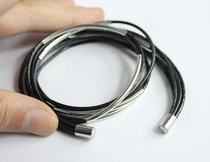 men or women silver tubes wrap magnetic bangle black leather bracelet s43