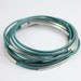 Teal leather bracelet threaded silver tube and magnetic clasp z439