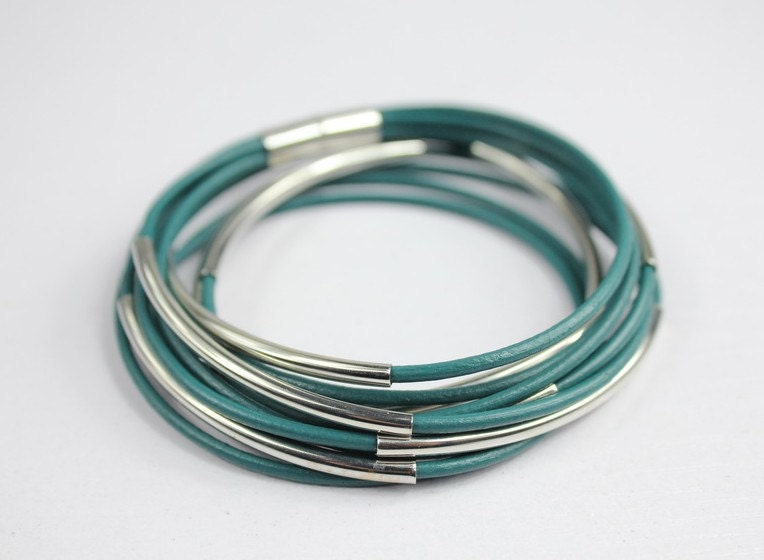 Teal leather bracelet threaded silver tube and magnetic clasp z439