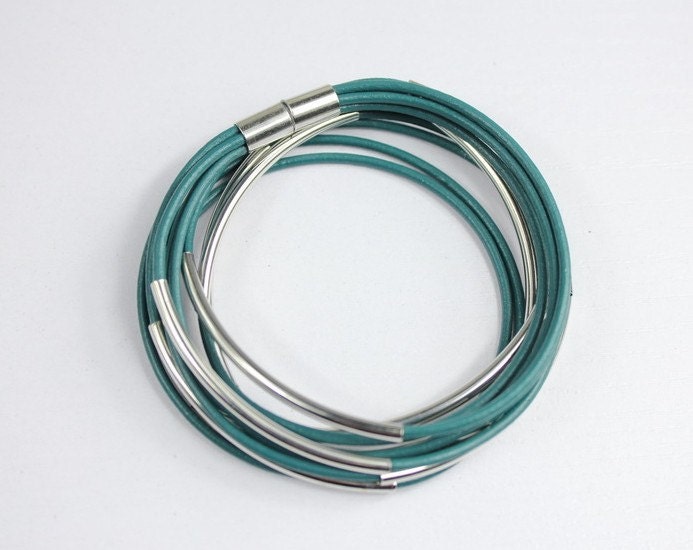 Teal leather bracelet threaded silver tube and magnetic clasp z439