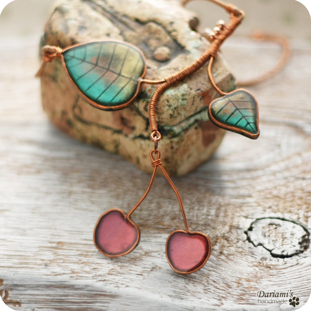 Cherries necklace -Polymer clay and wire wrapped
