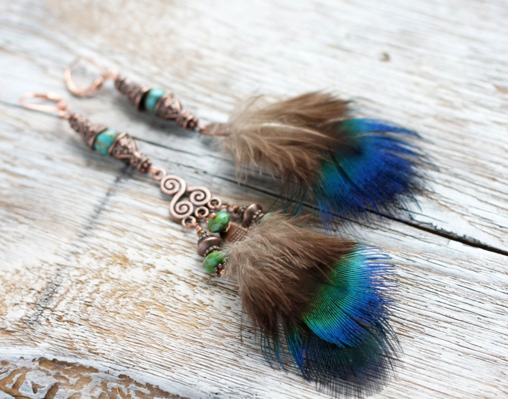 Asymmetric Boho Earrings - Peacock feather and copper