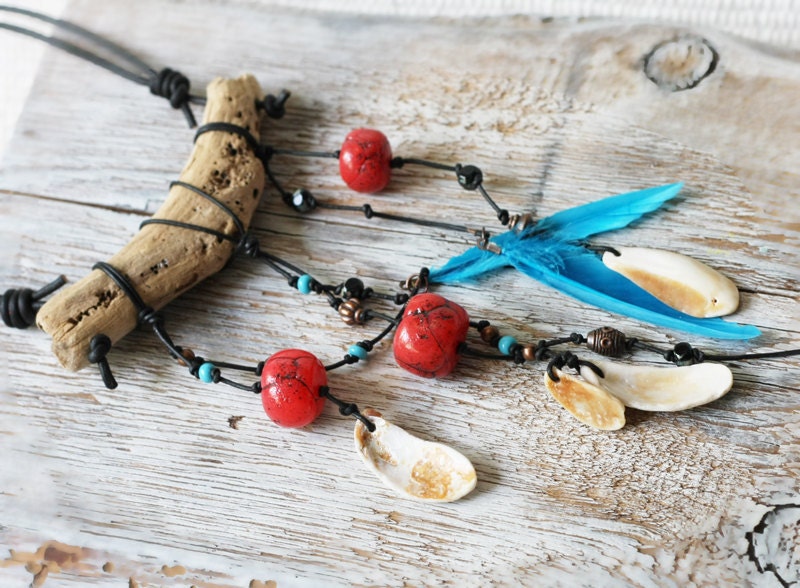 Tribal necklace - Driftwood Feather Seashell OOAK