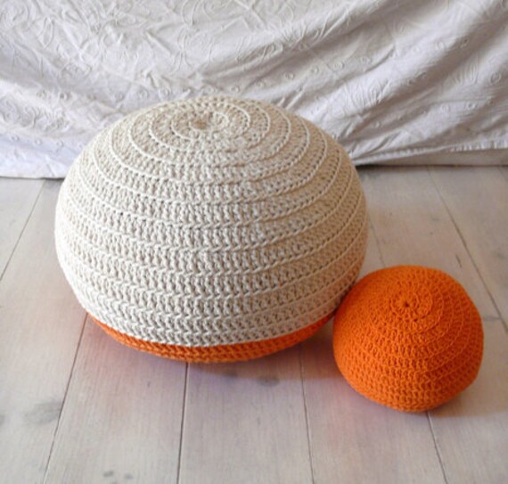 Pouf Crochet  small - ecru and orange