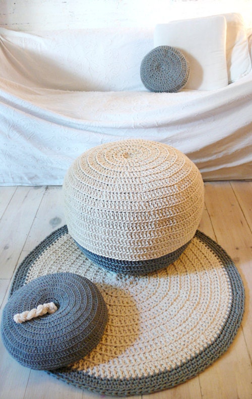 Pouf Crochet medium - ecru and gray
