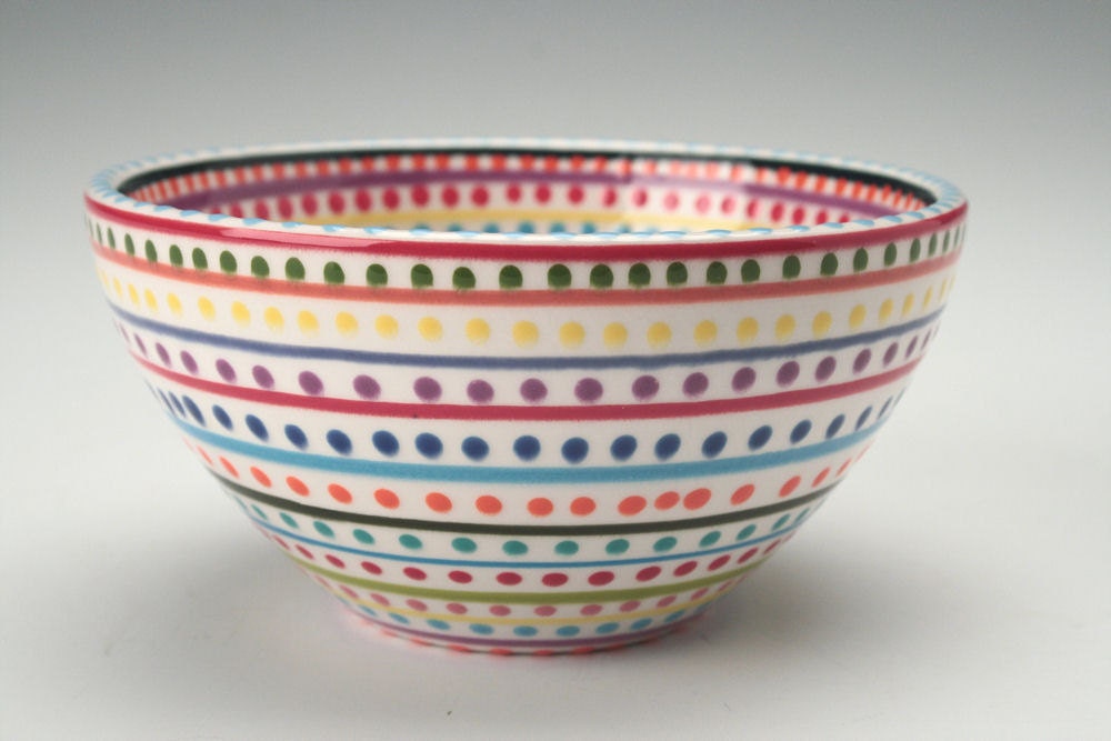 Stripes and Dots Hand Painted Bowl Multicolor Dinnerware