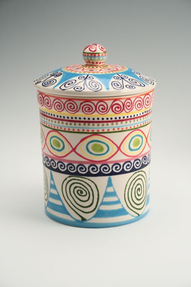 Bohemian Canister Set Multicolor with Lids Diamonds Stripes Dots Circles Hand Painted