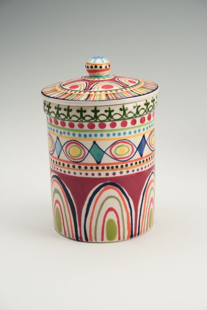Bohemian Canister Set Multicolor with Lids Diamonds Stripes Dots Circles Hand Painted