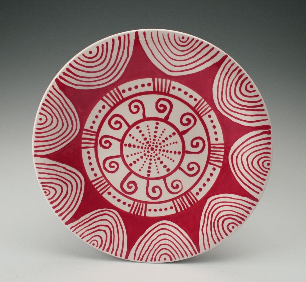 Bohemian Mandala Plate Hand Painted Red and White