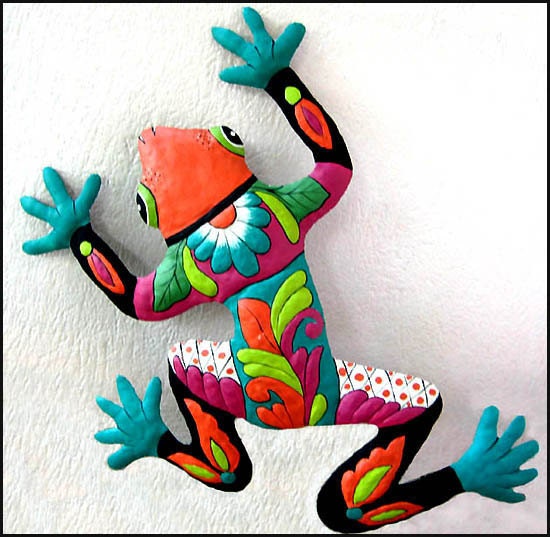 Frog Wall Hanging - 24" Painted Upcycled Metal Tropical Garden Art Design - M702-OR-24