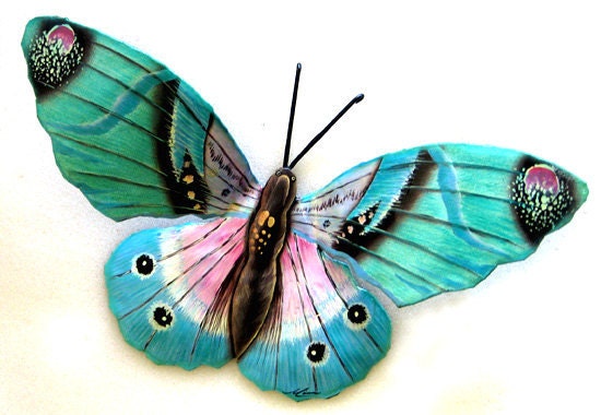 Aqua Butterfly Metal Wall Decor- 13" Hand Painted Garden Art - Recycled Steel Drums - 516-MW-AQ