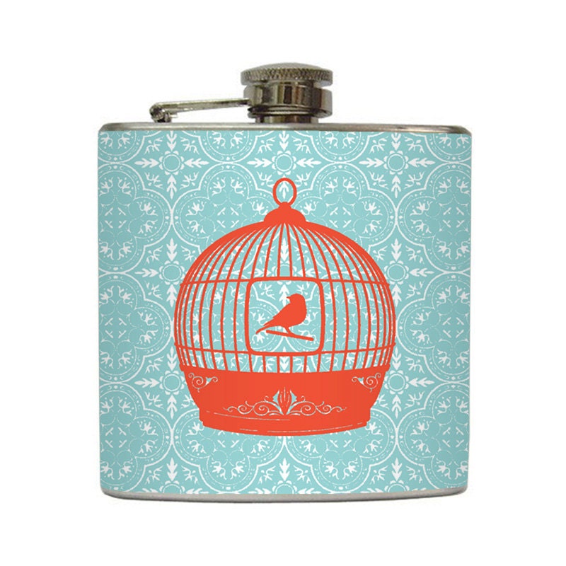 Orange Birdcage Hip Flask on Blue and White Damask Modern Elegant Bridesmaids Gift Stainless Steel 6 oz Liquor Hip Flask LC-1058