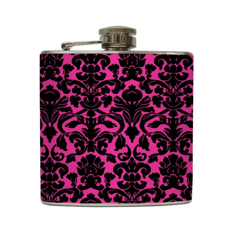 Hot Pink Black Damask Liquor Flask Modern Elegant Bridesmaid Gift Stainless Steel 6 oz Liquor Hip Flask LC-1102