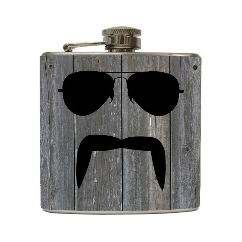 Aviator and Mustache Whiskey Flask Handlebar Fu Manchu Grey Wood Groomsmen Gifts Stainless Steel 6 oz Liquor Hip Flask LC-1210