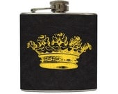Vintage Crown Flask Yellow on Black Faux Leather Groomsmen Birthday Gift Stainless Steel 6 oz Liquor Hip Flask LC-1227