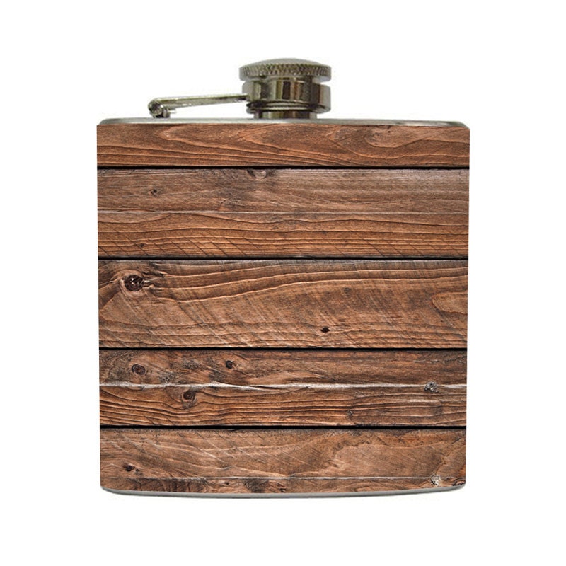 Distressed Brown Old Barn Wood Whiskey Flask Groomsmen Birthday Gift Not Real Wood Stainless Steel 6 oz Liquor Hip Flask LC-1106