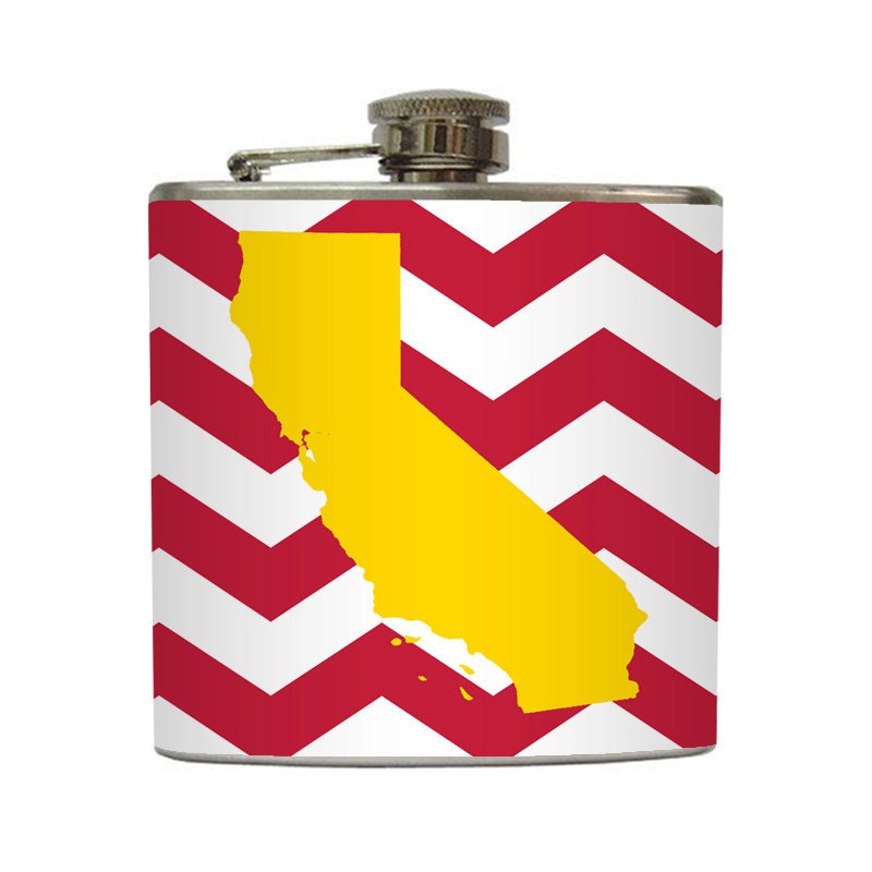California Whiskey Flask Custom State on Chevron Stripes Wedding Gift Stainless Steel 6 oz Liquor Hip Flask
