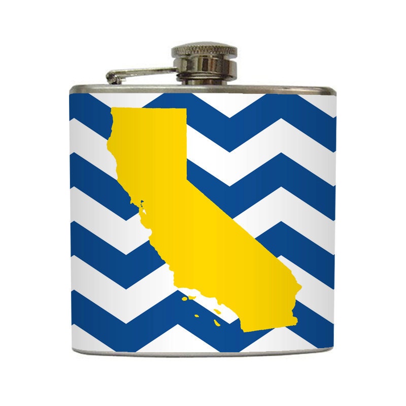 California Whiskey Flask Custom State on Chevron Stripes Wedding Gift Stainless Steel 6 oz Liquor Hip Flask