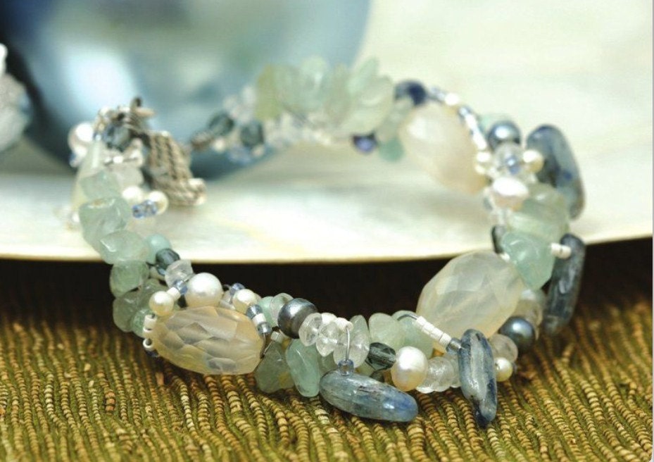 Aqua on Ice bracelet: wire wrapped aquamarine, blue kyanite, chalcedony, crystal & pearl