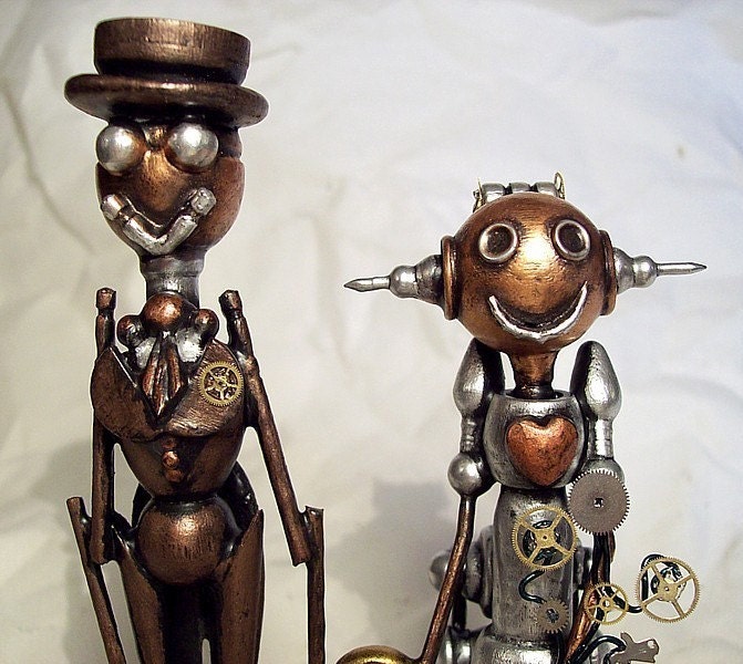 Western Robot  Wedding Cake Topper Old Time Bride Bustle Groom Wood