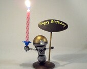 Robot Birthday or ANY Cake Topper AND Candle Holder Wood Bobby Statue Candles