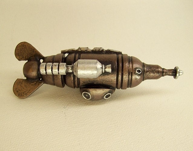 Barracuda Steampunk Battle Airship with Ray Gun Large Wood Science Fiction Dangle