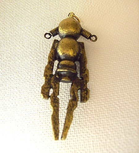 Little Golden Girl Robot in Pigtails Wood Pendant Ornament Science Fiction Dangle