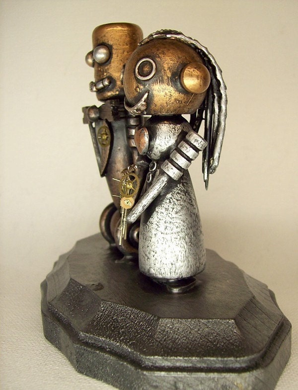 Robot Bride and Groom Wedding Cake Topper Wood Statues with Base
