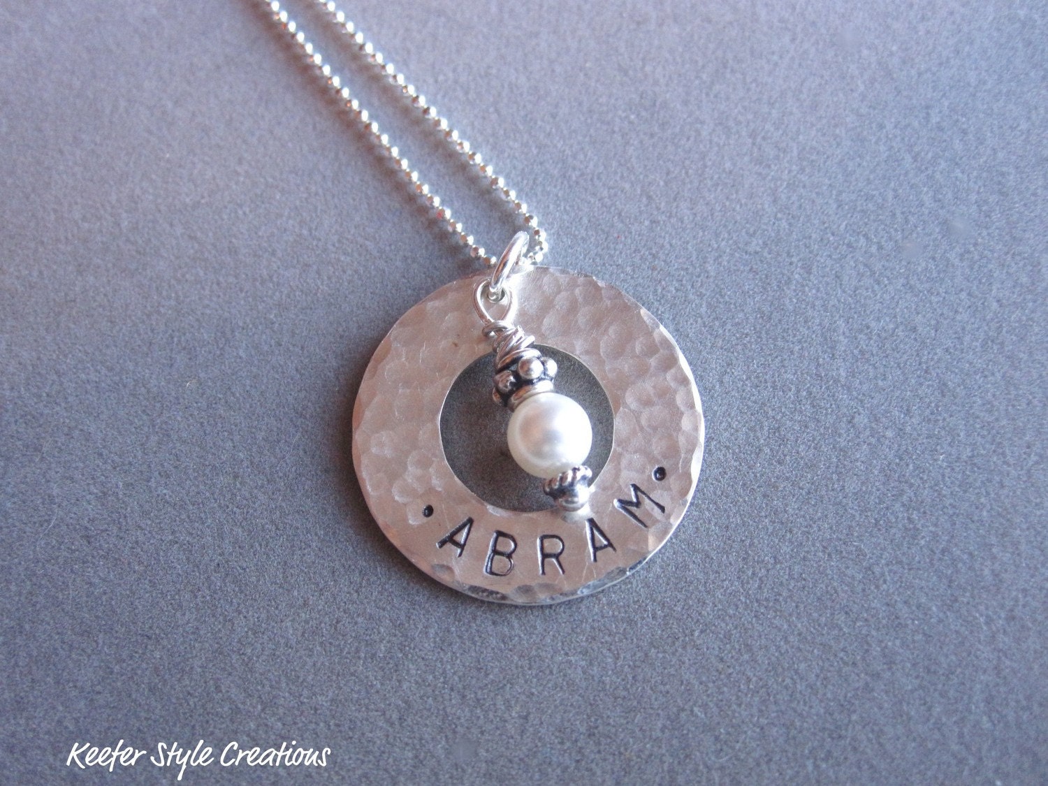 Hand Stamped hammered washer with pearl necklace