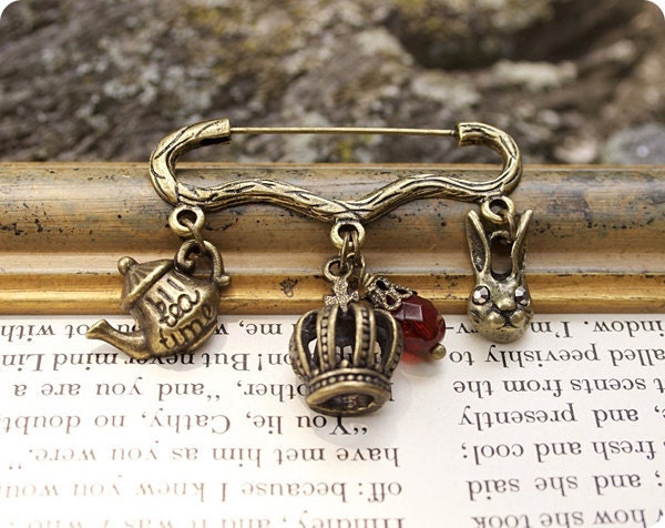 Alice in Wonderland Inspired Charm Brooch, Antique Gold Brass, Mad Tea Party, White Rabbit, Red Queen
