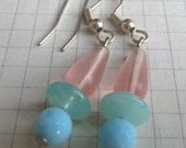 Pink Teardop, Mint Green and Robins Egg Blue Blue Dangly Silver Earrings