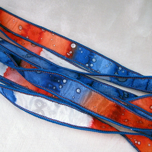 Hand Dyed Silk Ribbon - Jewelry - Ribbon bracelet pendant Wrist wrap - Quintessence - Patriot Sparkle - Red white blue