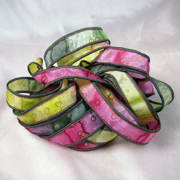 Hand Dyed Silk Ribbons Jewelry - Ribbon bracelet pendant Wrist wrap - Quintessence - Watermelon Sparkle