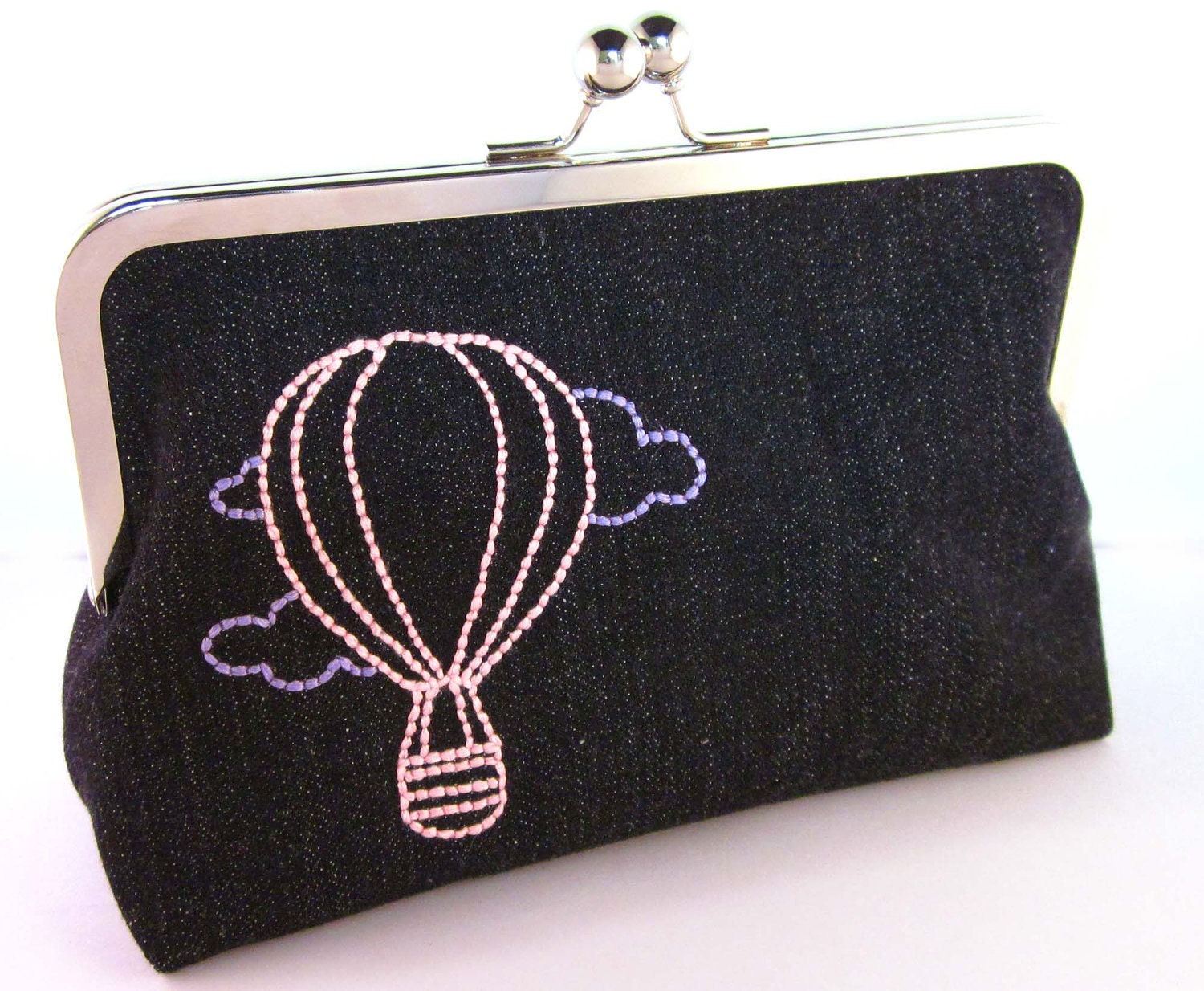 In the clouds - hot air balloon - hand embroidered 8inch/20cm clutch purse - black denim with pink and purple stitching