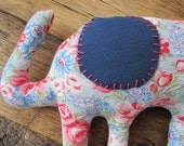 Elephant Plush with pink and blue vintage floral feed sack fabric