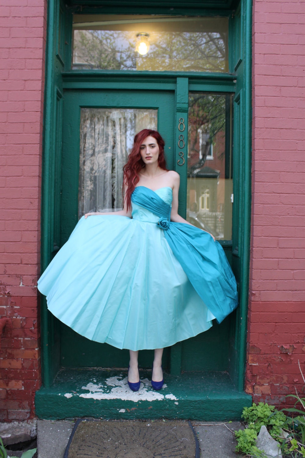 Dress 1950s Vintage 50s Aqua Blue Teal Full Skirt Strapless Prom M Medium