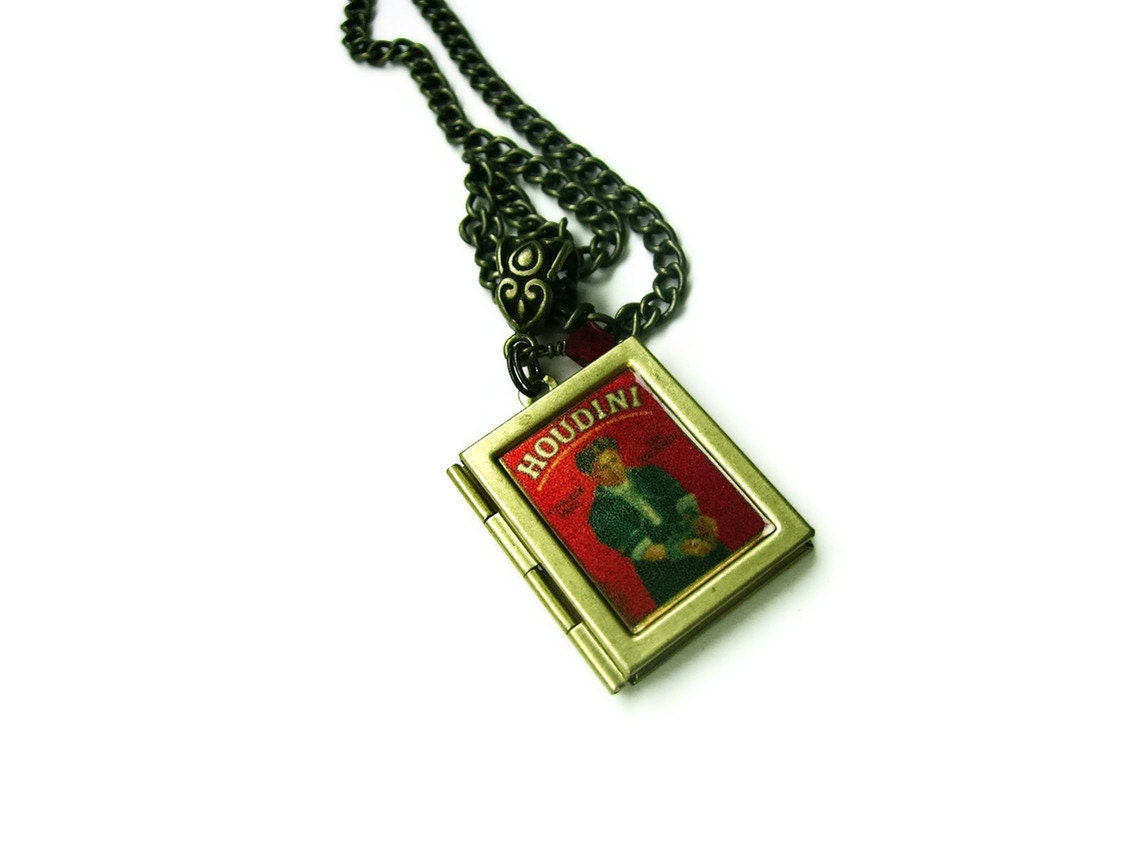 Houdini Book Locket Steampunk Styled Necklace - HOUDINI - brass & bronze - swarovski crystal - OOAK red Etsy uk